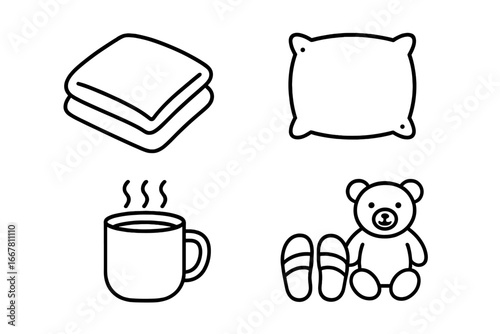 Sleepy time outline icons. Bedtime routine vector set with cozy blanket, plush pillow, warm milk mug, and teddy bear. Concepts for comfort, relaxation, and healthy sleep.