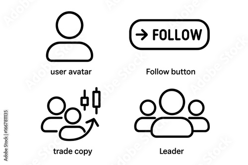 Social trading and copy strategy outline icon set. Vector user avatar, follow button, trade copy, and leader symbols for finance, stock, forex, and crypto investment apps.