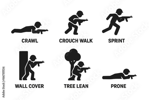 Soldier movement and combat tactical poses icon set. Military infantryman action pictogram. Army special forces silhouette. Crawl, crouch walk, sprint, cover, prone vector.