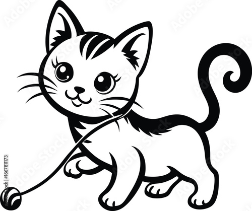 kitten playing tug with string toy