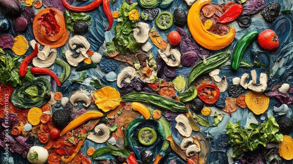 Fototapeta premium Colorful vegetable and fruit artwork on a textured surface.