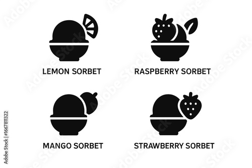 Sorbet flavor icons. Solid glyph silhouette collection of fruit sorbets in bowls. Lemon, raspberry, mango, strawberry. Vector symbol set for frozen dessert, ice cream menu.