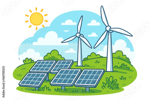 Solar panels and wind turbines on a green hill. Renewable energy concept. Sun and wind power generation. Eco-friendly, sustainable electricity. Vector cartoon illustration.