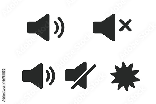 Sound icons set vector graphic. Volume control, loud speaker, mute button, silence, and noise burst symbols. Audio UI pictogram for web and mobile app interface design.