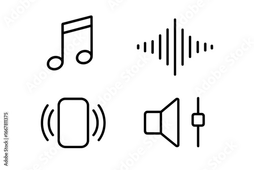 Sound and audio vector icon set. Outline collection with musical note, soundwave, phone vibration, and speaker volume control slider. Music and notification symbols.