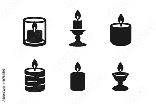 Candle icon set. Spa wellness silhouette. Vector glyph symbols for relaxation, meditation, aromatherapy. Decorative candlelight. Pillar candle, candlestick, glass holder signs.