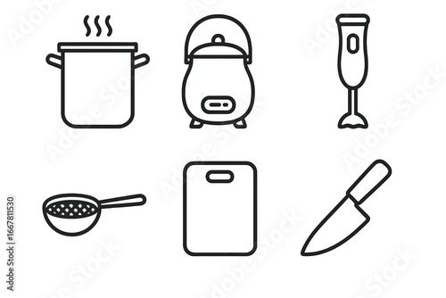 Soup cooking tool outline icons. Vector set of kitchen equipment for meal prep. Includes stock pot, soup kettle, immersion blender, mesh strainer, cutting board, and chef knife.