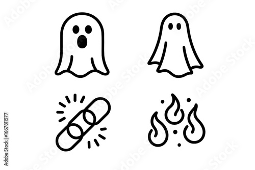 Ghost icon set vector. Halloween spooky phantom silhouette. Supernatural spirit symbol. Paranormal activity concept. Broken phantom chains and magic wisp fire outline icons.