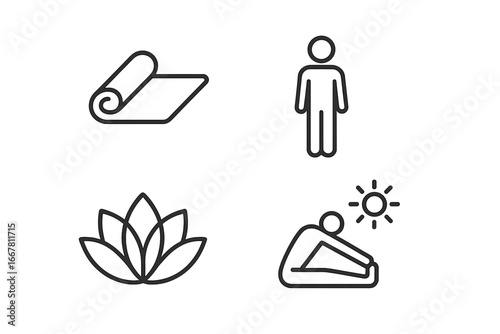 Yoga practice line icon set. Vector symbols: yoga mat, person pose, lotus flower, stretching. Concept for wellness, meditation, fitness, mindfulness, mind-body balance.