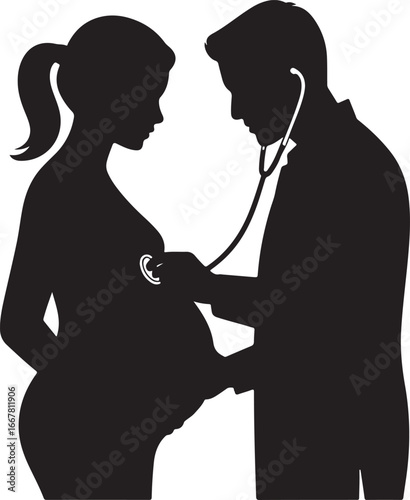 Doctor Examining Pregnant Woman Silhouette Illustration in Black and White