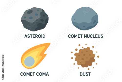 Space object icon set. Isometric flat vector illustration of comet and asteroid parts. Includes asteroid rock, comet nucleus, coma, and cosmic dust. Astronomy infographic element.