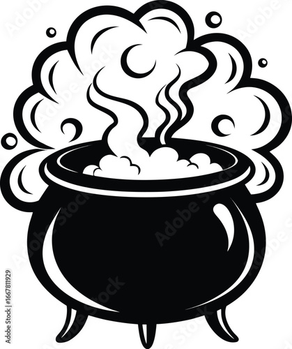 large bubbling cauldron with thick swirling steam