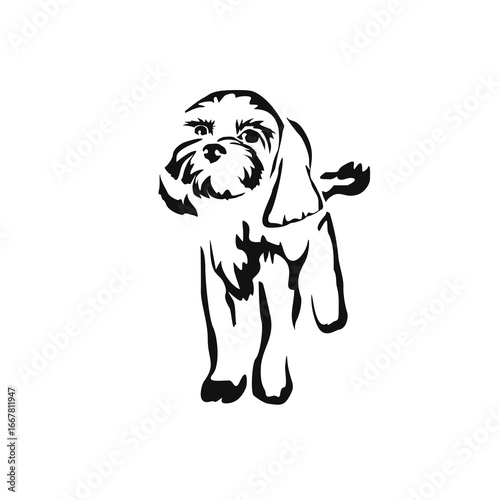 Vector drawing of a dog. Black and white gestalt design of a funny pet. Little doggy. Cute animal illustration.