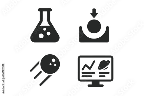 Space science glyph icons set. Vector collection of physics and astronomy symbols. Lab flask, gravity experiment, meteor, and astrophysics data analysis on computer screen.