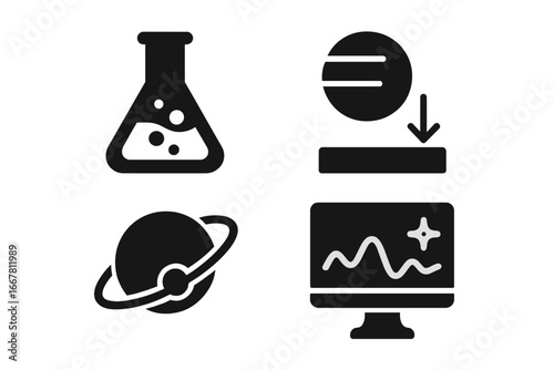 Science and space research icon set. Solid glyph icons of lab flask, gravity experiment, planet, and data analysis graph. Vector pictogram collection for technology and education.
