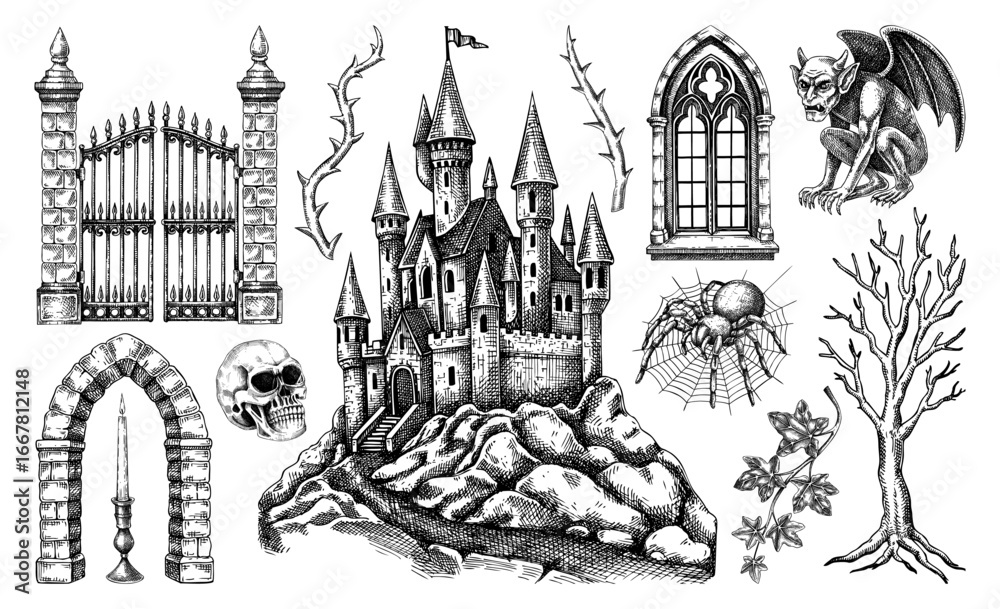 Obraz premium Gothic architecture hand-drawn vector illustration. Fantasy castle sketch. Halloween design elements. NOT AI generated