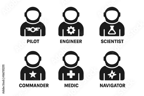 Spaceship crew icons set. Astronaut and cosmonaut team roles for space mission. Pilot, engineer, scientist, commander, medic, navigator symbols. Solid vector avatars.