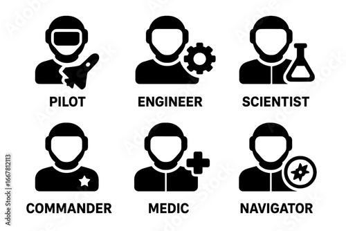 Spaceship crew solid icon set. Vector glyphs of space exploration team roles. Pilot, engineer, scientist, commander, medic, navigator. Astronaut professional characters.