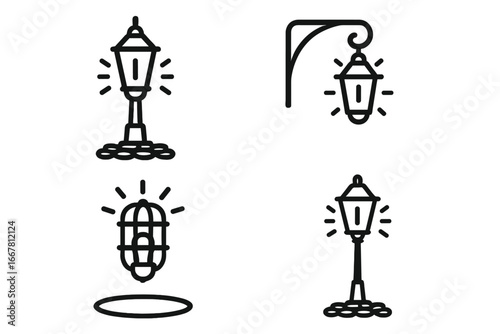 Street lamp icon set. Vector outline collection of vintage city lights. Classic lamppost, hanging lantern, industrial caged bulb. Urban retro illumination and exterior decor.
