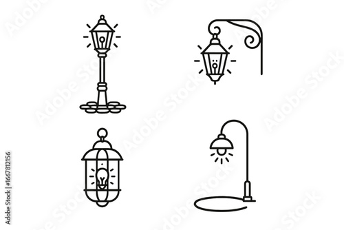 Street lamp icon set. Collection of vintage and modern streetlight outline symbols. Urban city lamppost, classic hanging lantern and sidewalk lights. Vector illumination graphic.