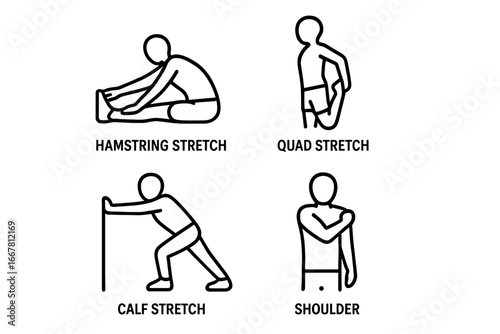 Stretching exercise icon set. Vector line art for warm-up, cool-down routines. Includes hamstring, quad, calf, shoulder stretches for flexibility training and physiotherapy.
