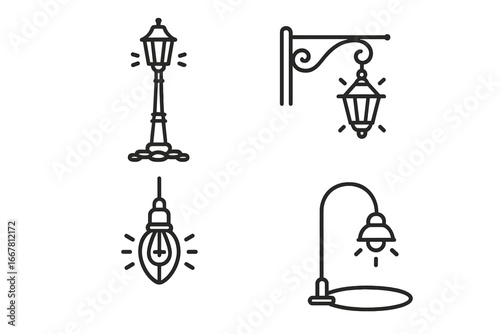 Street lamp icon set. Vector outline collection of vintage and modern urban lighting. Classic lamppost, hanging lantern, retro Edison bulb, and park streetlight pictograms.