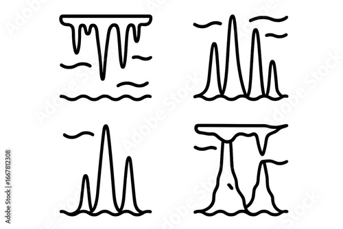 Submerged cave formations icon set. Outline vector illustration of speleothems like stalactites & stalagmites. Geological rock structures underwater in a cavern. Line art symbol.