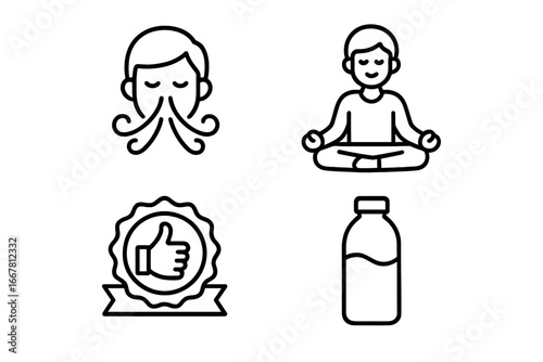 Speaking anxiety and stress management outline icon set. Vector icons of deep breathing exercise, meditation, confidence boost, and hydration for mental wellness concept.