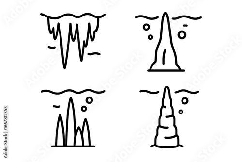 Submerged cave formations outline icon set. Speleothems, stalactites, stalagmites underwater. Vector line art for geology, caving, diving. Minimalist cavern symbols.