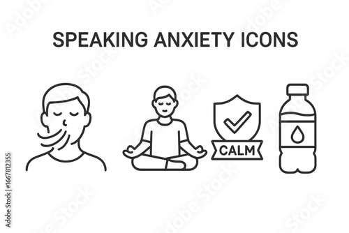 Speaking anxiety and public speaking fear icon set. Vector line icons for managing stress. Deep breathing, meditation, reassurance, calm, and mindfulness for mental health.