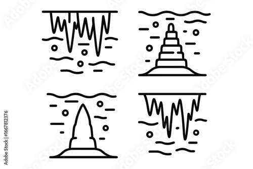 Submerged cave formations icon set. Vector outline illustration of underwater speleothems. Stalactite and stalagmite symbols for geology, caving, and exploration concepts.