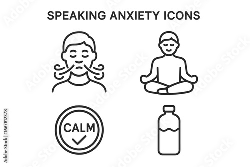 Speaking anxiety and glossophobia outline icons. Public speaking fear management concept. Deep breathing, meditation, calm reassurance, hydration vector icon set. Mental health.