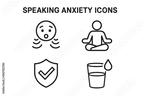 Speaking anxiety and glossophobia outline icon set. Public speaking fear management concept. Vector icons of deep breathing, meditation, reassurance, and confidence symbol.