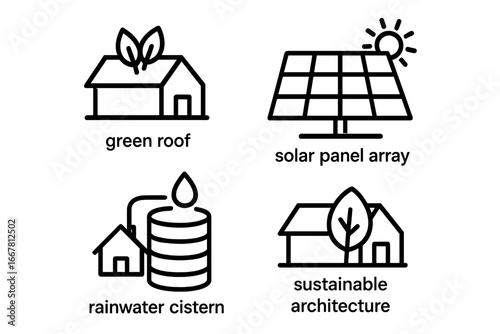 Sustainable Architecture Icons Set, Outline Vector Collection of Green Roof, Solar Panel Array, Rainwater Cistern, Eco-Friendly Building Design, Environmental Technology Illustrations