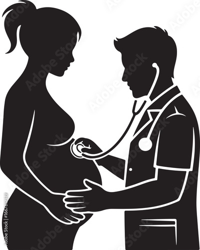 Doctor Examining Pregnant Woman Silhouette Illustration in Black and White