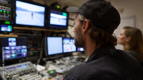 Focused technicians operate complex video equipment, creating a dynamic control room atmosphere, evoking teamwork during a live broadcast event