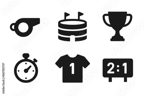 Sports icons set for competition, games, and championships. Solid glyph collection with whistle, stadium, trophy, team jersey, stopwatch, and scoreboard. Vector sport symbols.