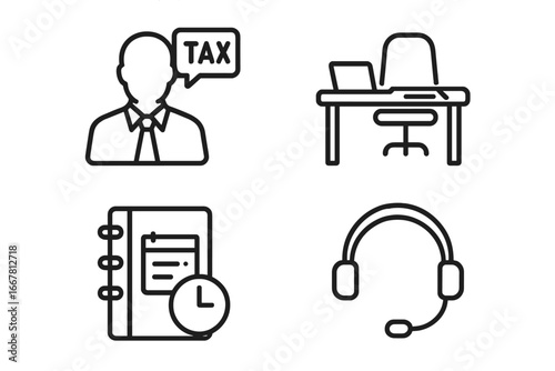 Tax consultation icons set with advisor silhouette, office desk workspace, appointment calendar with clock, and customer support headset, vector outline illustration for financial services