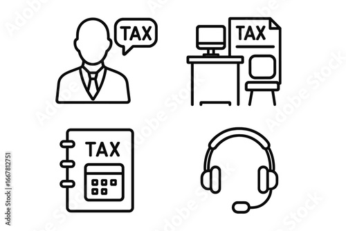 Tax consultation icons set with advisor silhouette, office desk and tax document, appointment book with calculator, headset for client support, outline vector illustration