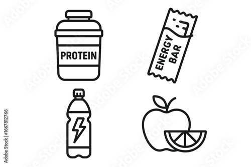 Sports nutrition line icon set. Protein shake, energy bar, electrolyte drink and fruit icons. Fitness, workout, and diet supplements for healthy lifestyle. Vector symbols.