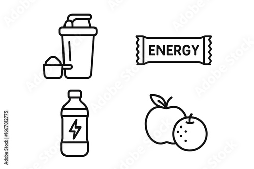 Sports nutrition line icon set. Fitness supplements and healthy food icons. Protein shake, energy bar, workout drink, fruit. Vector for gym, diet, bodybuilding concepts.