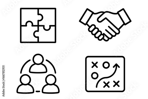 Teamwork icon set, outline vector collection of 4 collaboration symbols including puzzle pieces, handshake, group circle, and strategic game board illustration