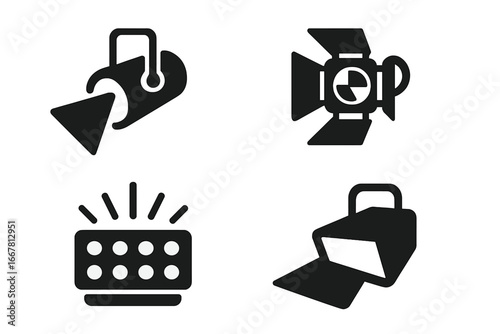 Stage lighting solid icons set. Spotlight, floodlight, par can, and strobe light symbols. Theater, concert, and event lighting equipment vector illustration. Black glyph icons.
