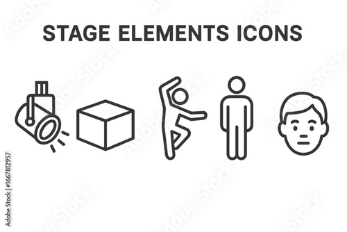 Stage presence elements icon set. Outline vector icons for performance, theater, and acting. Includes spotlight, stage block, choreography pose, posture, and facial expression.