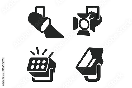 Stage lighting icon set. Vector collection of theater and cinema light equipment. Spotlight, floodlight, strobe and PAR can symbols. Show and concert illumination concept.