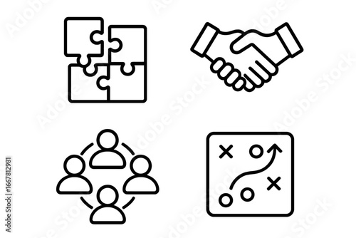 Teamwork Icon Set, Outline Vector Illustrations of Collaboration, Puzzle Pieces, Handshake, Group Circle, Strategy Board for Business and Teamwork Concepts