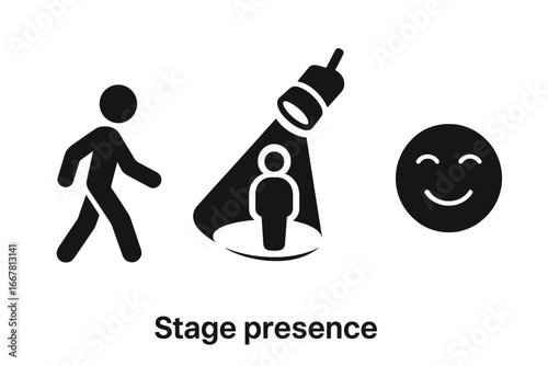 Stage presence icon set. Vector icons for public speaking, presentation skills, and confidence. Speaker in spotlight, walking on stage, and confident smile. Charisma concept.