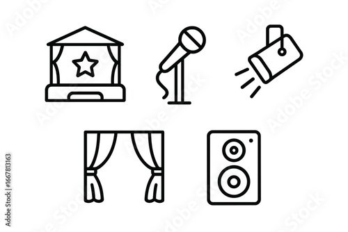 Outline Stage Setup Icons Vector Set Including Family Talent Show Stage, Microphone Stand, Spotlight, Curtain, and Speaker Illustration on Transparent Background