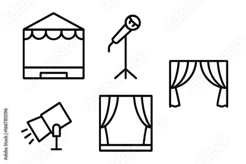 Outline Icon Set of Stage Setup Elements Including Microphone Stand, Spotlight, Curtains, and Speaker for Family Talent Shows and Performances Vector Illustration