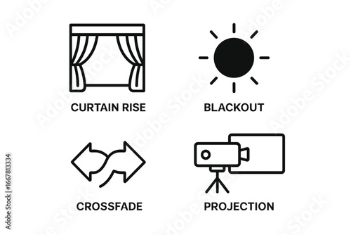 Stage Transition Icons Outline Set with Scene Cues Including Curtain Rise, Blackout, Crossfade, and Projection Symbols for Theater and Multimedia Design